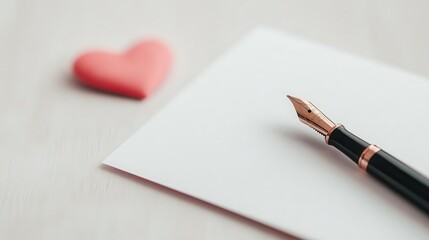 A stylish fountain pen resting beside a folded Valentineโ&euro;s card, solid cream background, soft diffused lighting highlighting pen details.