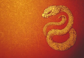 Fototapeta premium Intricate golden snake illustration on a vibrant orange background with ornate patterns