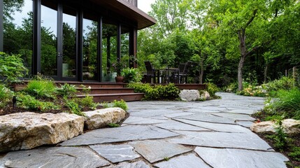 Fototapeta premium Modern home patio stone pathway garden