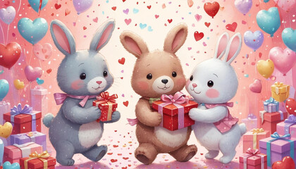 Obraz premium Three adorable bunny rabbits exchanging gifts amidst a flurry of pink heart-shaped balloons and confetti for Valentine's Day