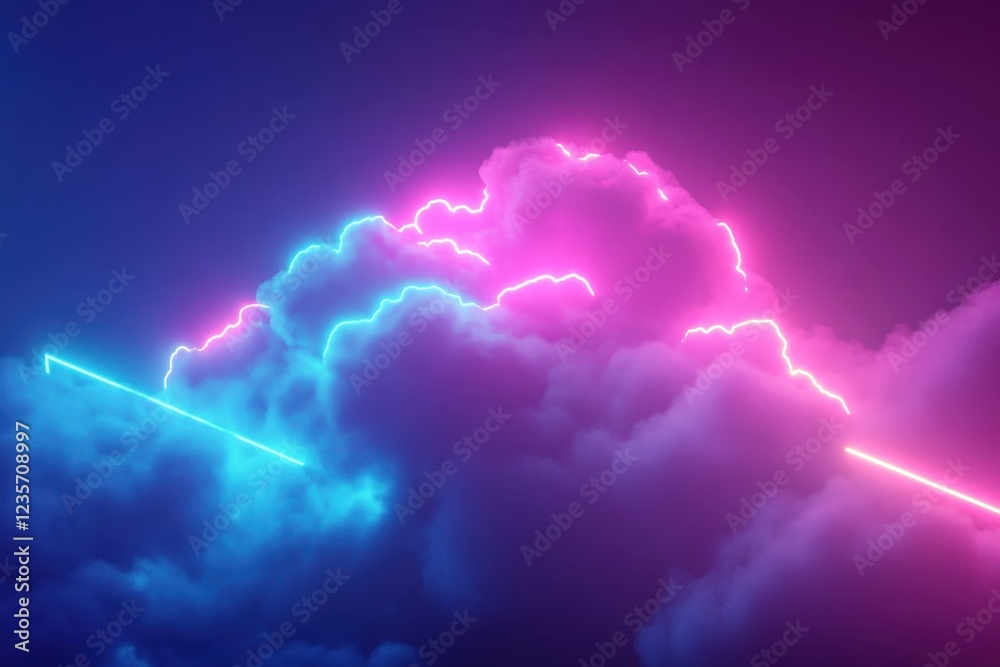 Poster neon abstract clouds illuminated with blue and purple light create a futuristic atmosphere, blue and