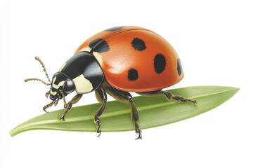 Fototapeta premium Ladybug Crawls on a Green Blade of Grass Set Against a White Background Showcasing Its Vibrant Details and Colors