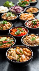 Diverse Array of Asian Dishes Served in Bowls on a Dark Table