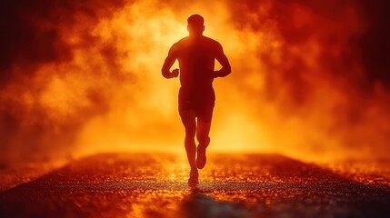 Silhouetted runner sprinting through a fiery haze on a dark path, evoking determination and strength