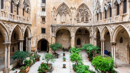 Obraz premium Tranquil Courtyard with Lush Greenery and Medieval Architecture