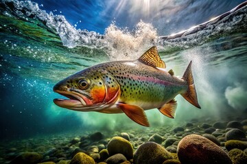 Fototapeta premium Bubbles rise, cutthroat trout, unseen depths. High-angle view.