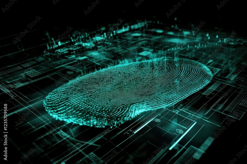 Poster biometric fingerprint processing on digital data background with glowing effects, biometric fingerpr