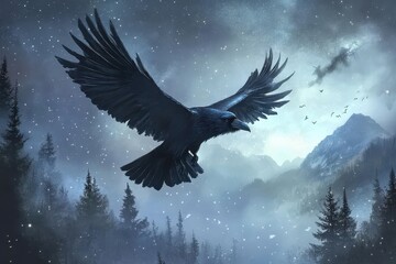 Raven spreads its wings while flying through the snowy sky above mountains and trees at dusk, raven spreading its wings flies in the sky