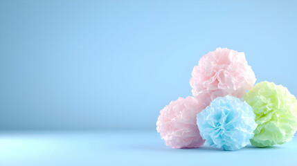 Pastel paper pom-poms on blue background; website banner