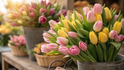 Fresh tulips in a pot and basket with pink and red blooms, a beautiful spring bouquet