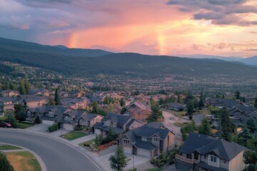 Obraz premium Sunset glow illuminates suburban homes with a rainbow over mountains in the distance, Sunset glow on suburban homes and rainbow in mountain - drone, tracking shot