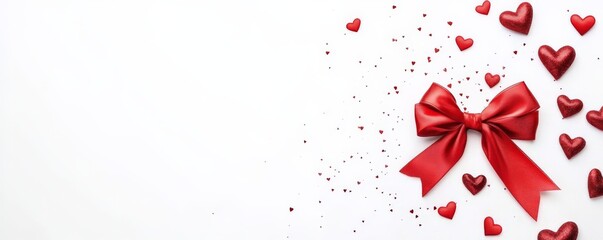 Valentine's day holiday concept, red ribbon with bow, small hearts on white background with copyspace for your text