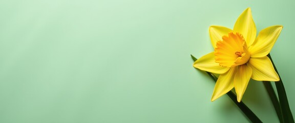 Fototapeta premium Vibrant Yellow Daffodil Against Soft Green Background for Inviting Copy Space