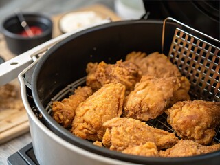 Close-up air fryer chicken, high detail, mouthwatering.