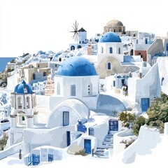 Naklejka premium Whitewashed Buildings with Blue Domes and Windmill in Santorini, Greece, Under Clear Blue Sky in Daylight
