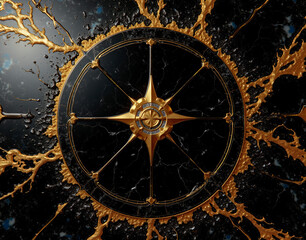 Fototapeta premium Infinite black onyx marble with gold dendritic fractals and polished obsidian reflection, featuring an occult sigil tile pattern.