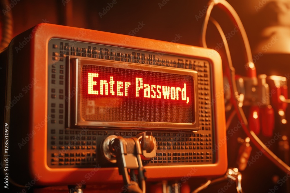 Poster Retro Login Screen With Pixelated Text Inviting Users to Enter Password Against a Dark Backdrop