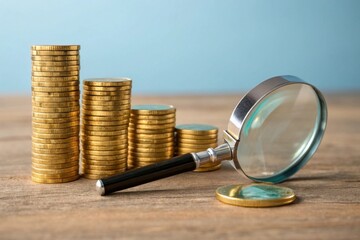 Magnifying glass examining a stack of coins representing financial growth and investment