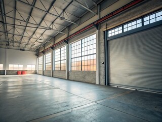 Obraz premium Tilted warehouse door, empty, a miniature landscape.