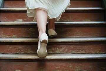 Female feet in vintage shoes running up wooden stairs in a charming location, Female feet running up vintage stairs, close-up