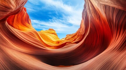 Obraz premium Abstract sandstone canyon walls creating a wave-like pattern beneath a vibrant blue sky