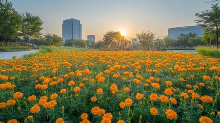 Sunset over vibrant marigold flowers urban park nature photography evening light wide angle serenity