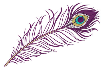 Obraz premium Photorealistic peacock feather, intricate detail, iridescent colors, purple plume, green and blue eyespot, golden brown accents, single feather, white background, high contrast, macro photography, stu