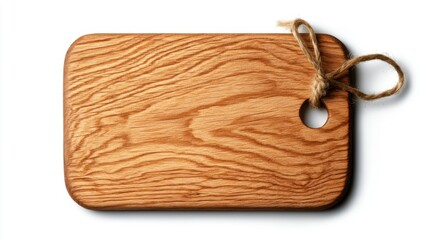 Fototapeta premium Light Brown Wooden Cutting Board with Jute Rope on White Background