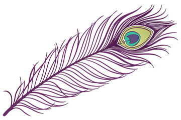 Photorealistic peacock feather, intricate detail, iridescent colors, purple plume, green and blue eyespot, golden brown accents, single feather, white background, high contrast, macro photography, stu
