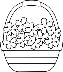 Flowers with basket outline.
Spring garden flowers in basket coloring page isolated.
Transparent background.