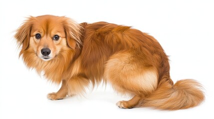 Fototapeta premium Adorable Golden Dog with Fluffy Fur Posing in Bright Background