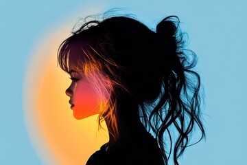 Naklejka premium Silhouette of a young girl radiates elegance with flowing hair and a colorful background, symbolizing femininity and empowerment on International Women's Day