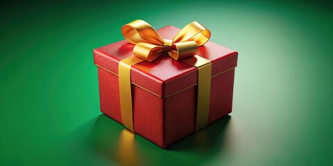 Fototapeta premium Red gift box, golden ribbon, green background portrait.