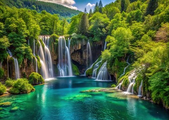 Naklejka premium Plitvice Lakes: Kozjak to Malinova, a tranquil waterfall scene.
