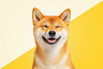 A Shiba Inu dog with a happy, infectious grin and playful eyes gazes directly at the camera. Their vibrant coat and expressive smile are sure to bring a smile to your face. 