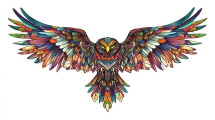 Fototapeta premium Colorful owl in flight, white background, tattoo design