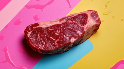 A succulent, raw ribeye steak takes center stage against a backdrop of bold pink, teal, and yellow hues.