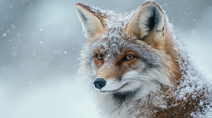 Fototapeta premium Majestic fox with snow-covered fur in a winter landscape