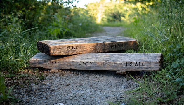 Wooden planks rest on a trail in a grassy area