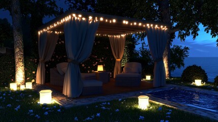 Naklejka premium Cozy Outdoor Lounge at Night with String Lights and Poolside Ambiance