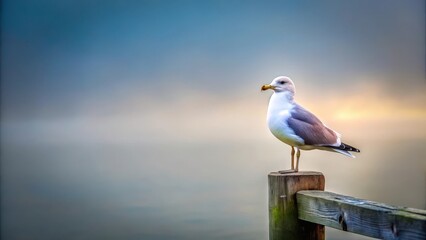 Obraz premium A lone seagull perched on a weathered wooden beam overlooking a serene grey soft background with subtle hints of a misty dawn, calm, atmosphere