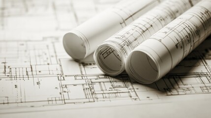 A collection of architectural plans. These plans are rolled up and unrolled, showing lines, shapes and descriptions. Details.
