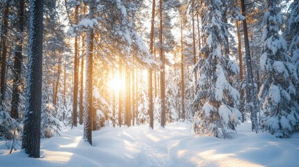 Sunlight Through Snowy Pines in a Winter Wonderland Landscape