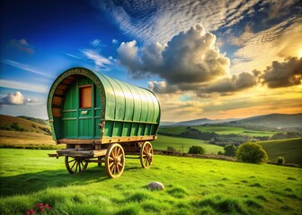 Irish tinker's wagon, bathed in sunlight on a verdant meadow.