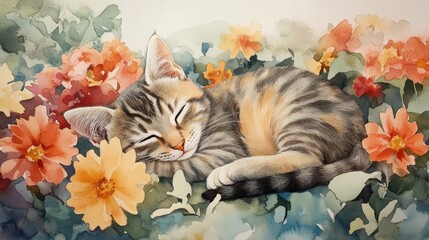 A charming watercolor painting of a tabby kitten peacefully sleeping amidst a vibrant array of colorful flowers, capturing a serene and heartwarming moment. 