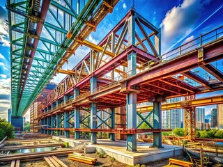 Naklejka premium Industrial construction trestles and steel beams, captured photographically.