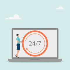 24-7 support service, work schedule. The character holds a clock on the laptop screen. Open time. Flat vector illustration.	