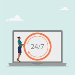 24-7 support service, work schedule. The character holds a clock on the laptop screen. Open time. Flat vector illustration.	