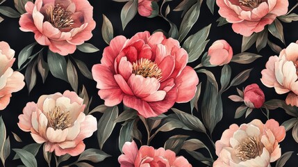 Delicate pink and ivory peonies bloom in a lush and vibrant tapestry, their soft petals contrasting beautifully against the rich dark background.