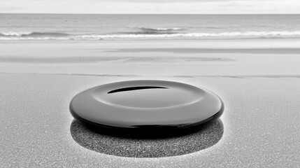 Black Smooth Stone on a Sandy Beach with Ocean Background